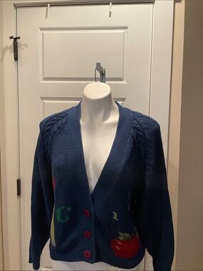 Women's Navy Button-Front Knit Cardigan with Embroidered Motifs